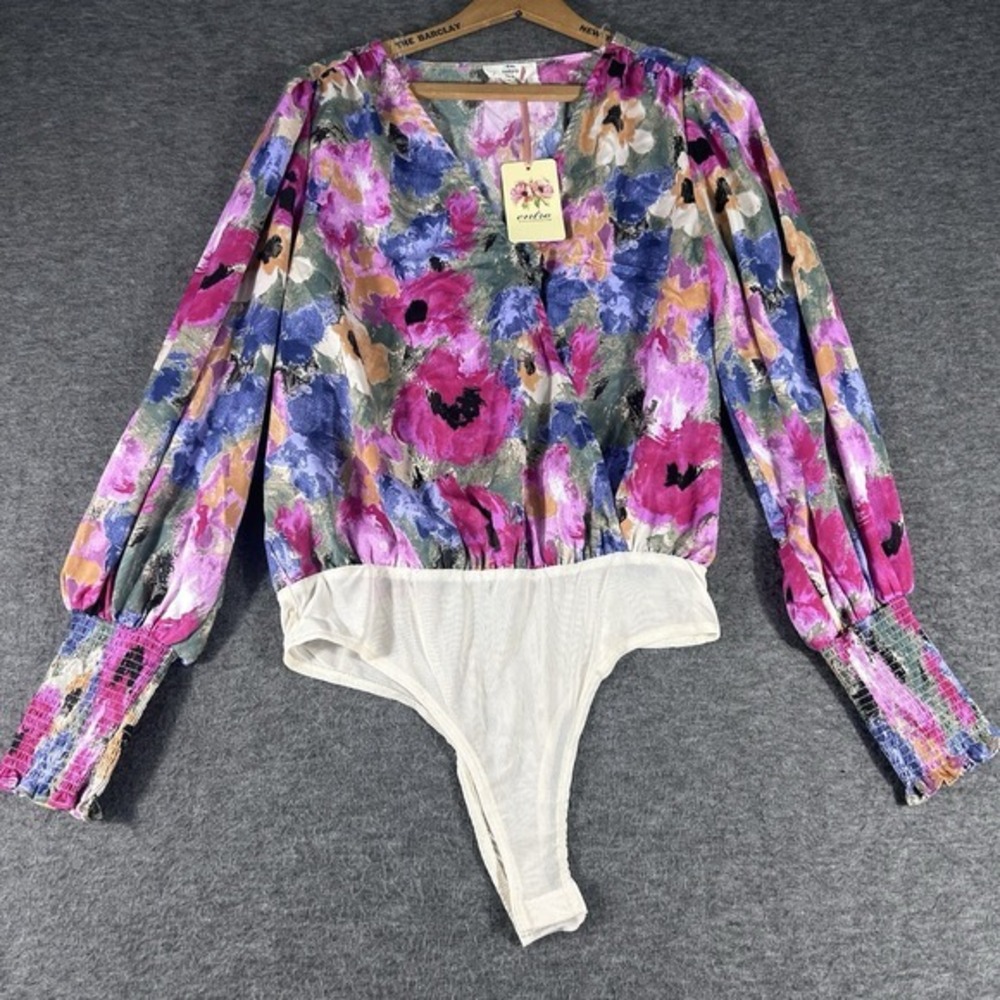 Entro Floral Bodysuit Top Womens Small Multicolor Boho Hippie Bright Long Sleeve